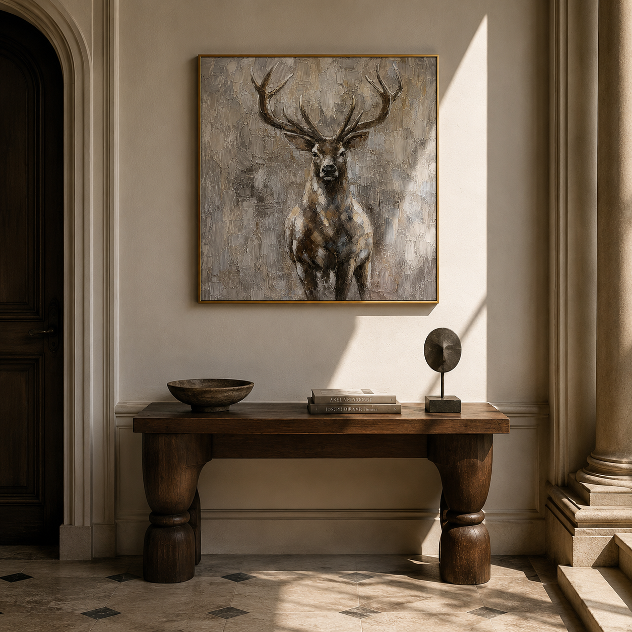"Quiet Stag" - Textured Deer Portrait Painting | Beige Brown & Grey Vertical Animal Wall Art