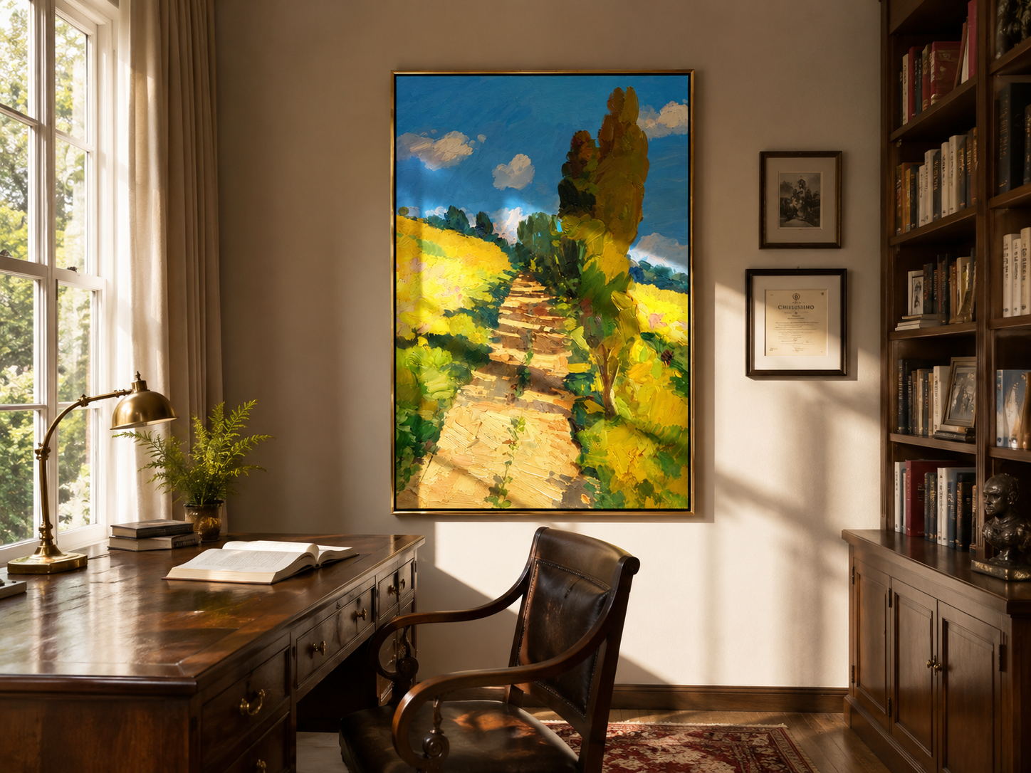 "Sunlit Path" - Yellow Field & Cypress Impasto Landscape | Blue Green Vertical Wall Art