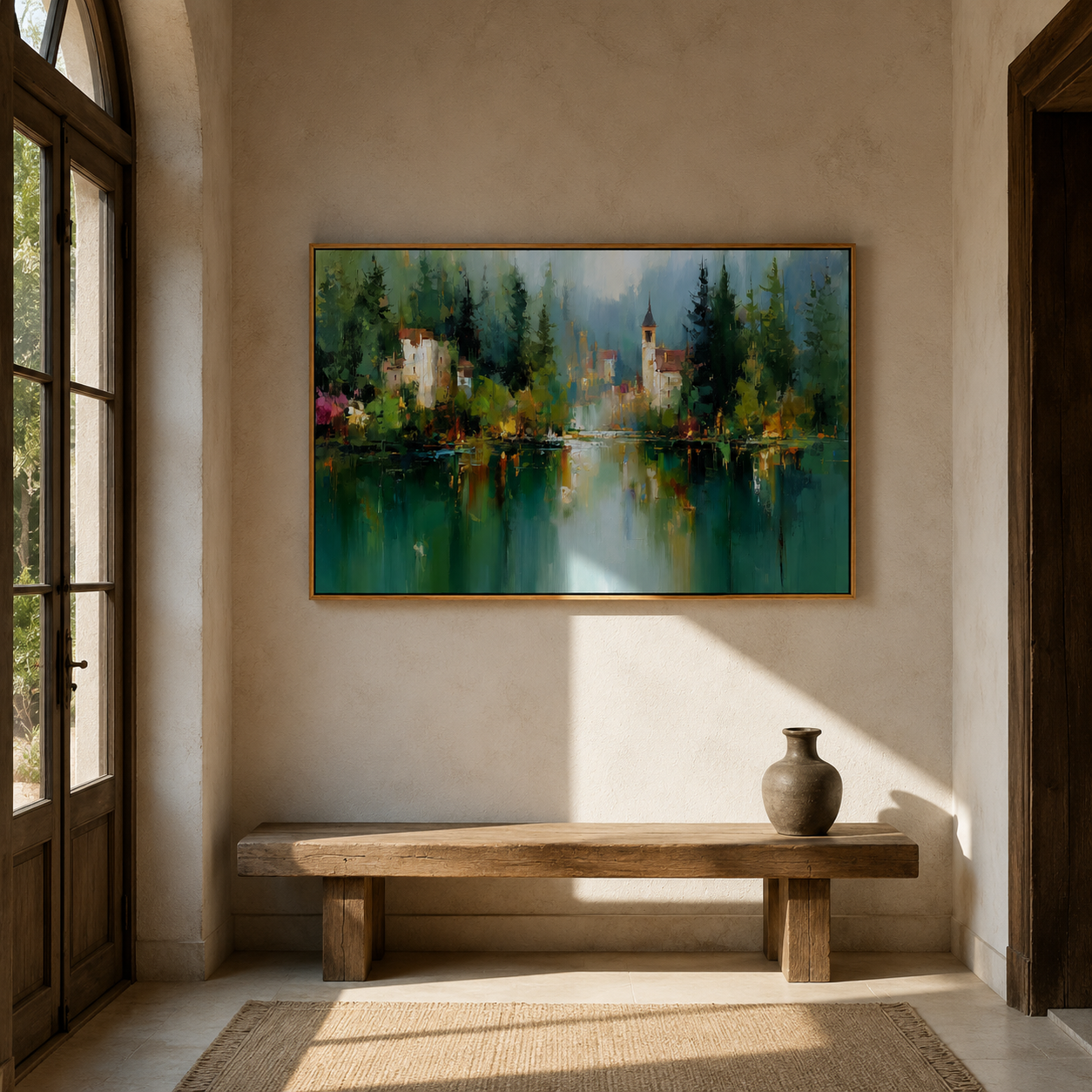 "Forest Reflection" - Green Lake Village Impasto Landscape | Blue & Emerald Horizontal Wall Art