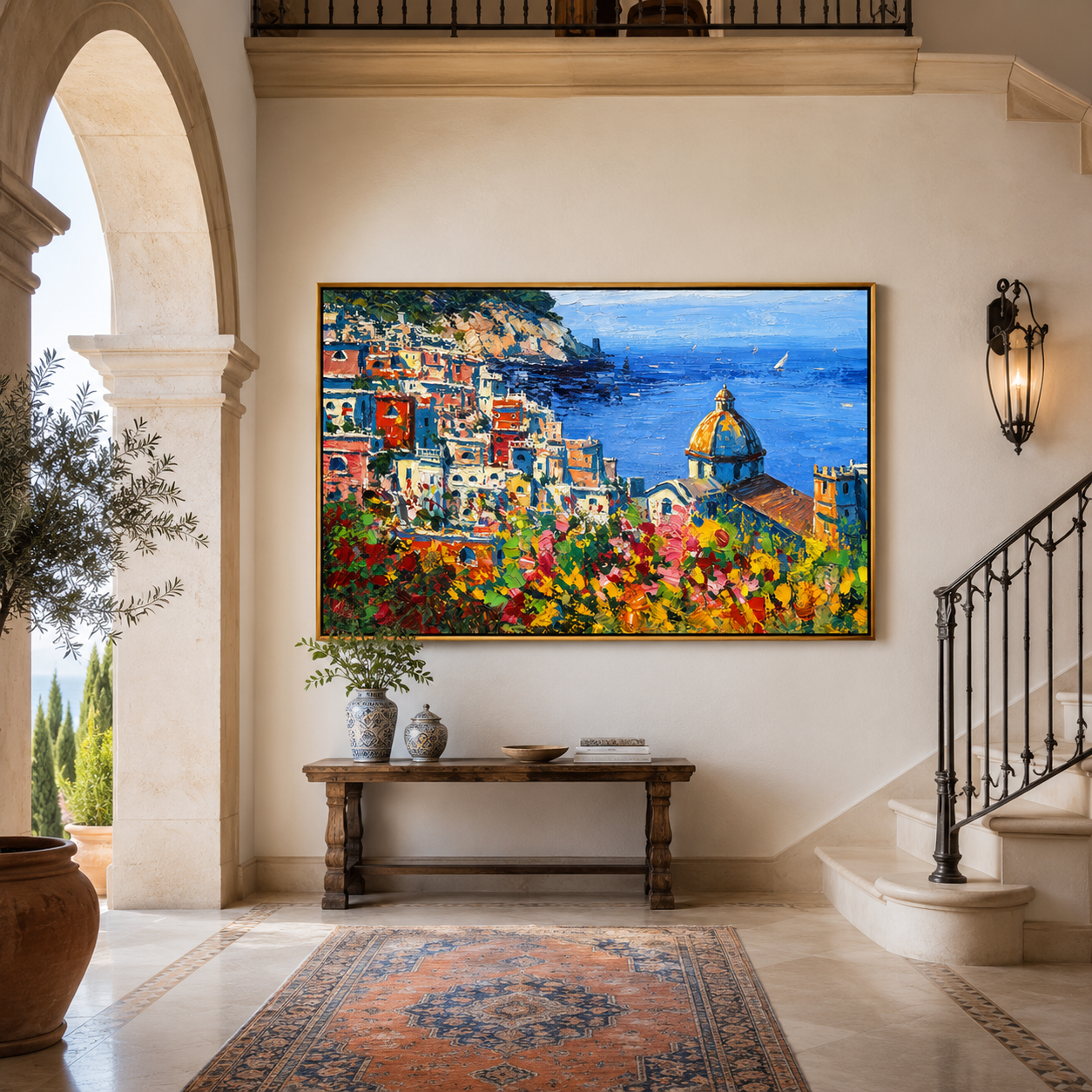 "Amalfi Bloom" - Colorful Mediterranean Coastal Landscape | Blue Sea & Floral Village Wall Art