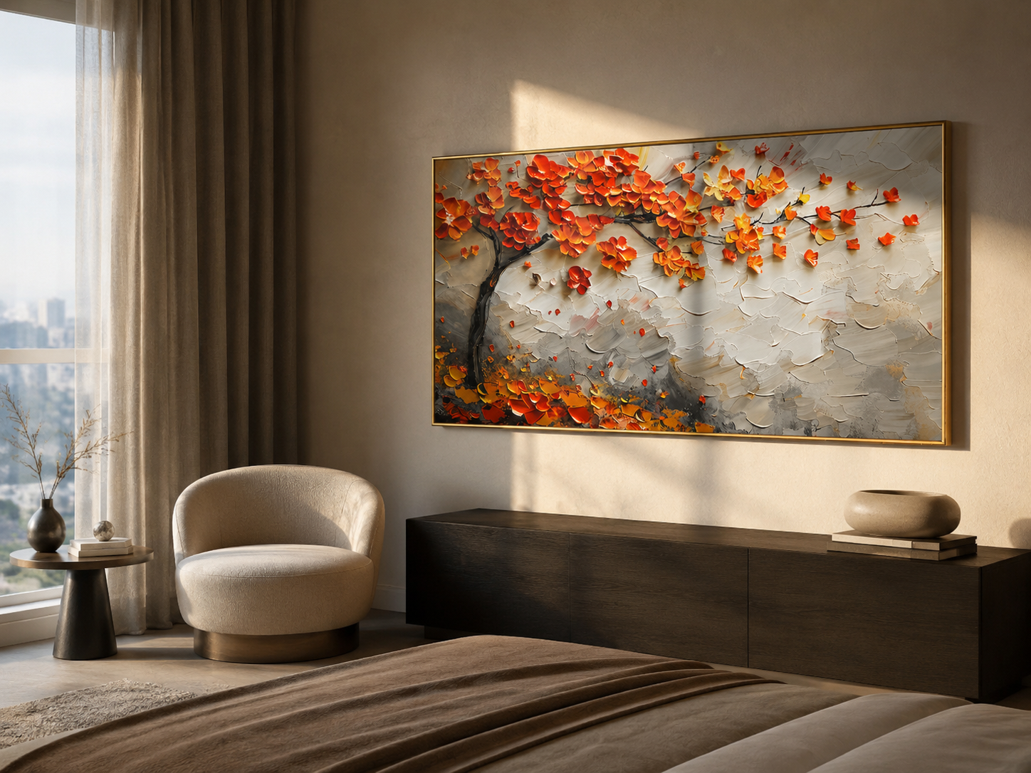 "Autumn Canopy" - Orange Blossom Tree Impasto Painting | White Grey & Gold Horizontal Wall Art