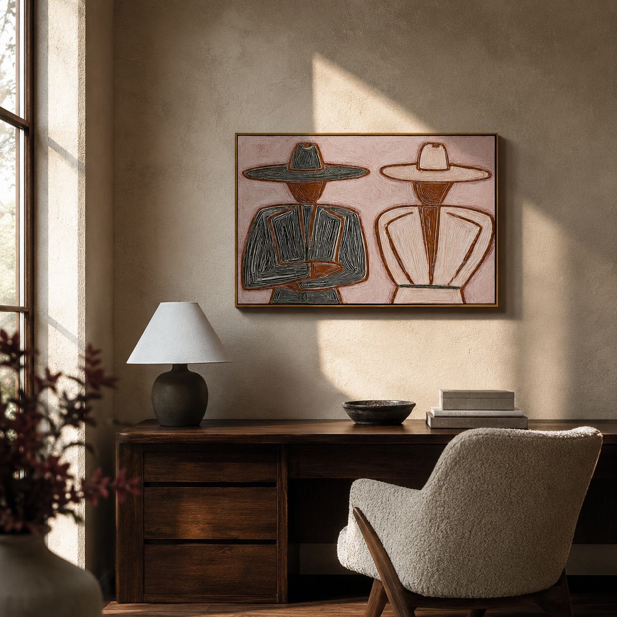 "Two Hats" - Textured Minimalist Figurative Painting | Black Brown & Blush Horizontal Wall Art