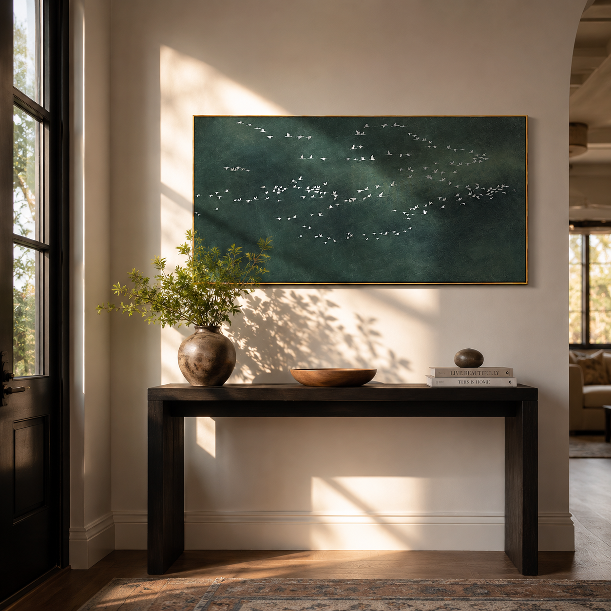 "Distant Flock" - Minimalist Bird Landscape Painting | Dark Green Horizontal Wall Art
