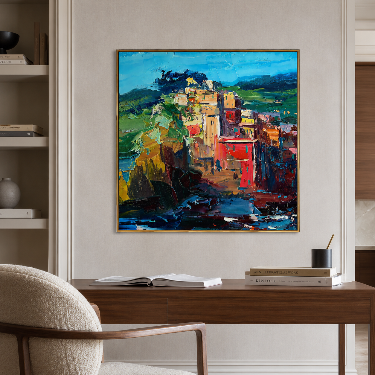 "Coastal Blocks" - Colorful Impasto Village Landscape | Blue Green & Coral Square Wall Art