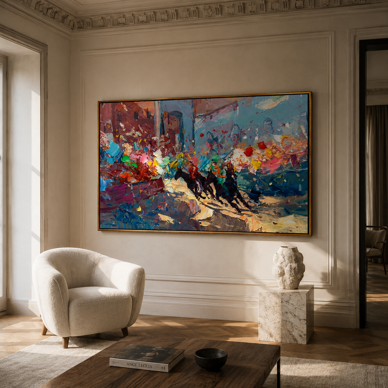 "Harbor Fragments" - Colorful Impasto Abstract Painting | Blue Red & Gold Horizontal Statement Art
