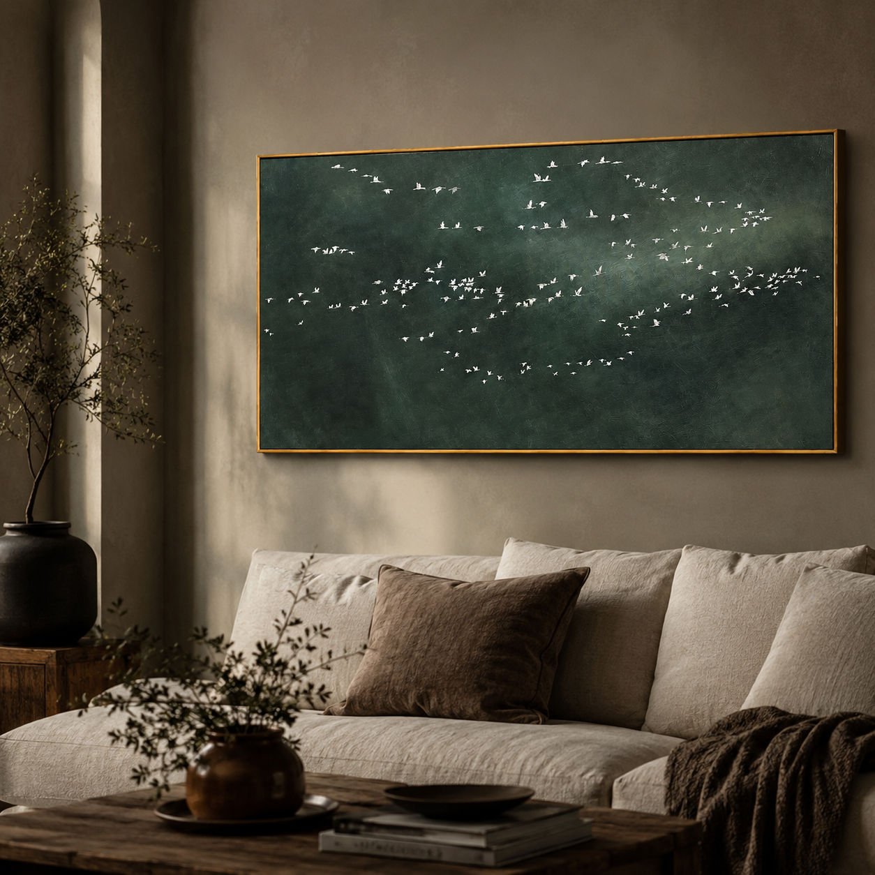 "Distant Flock" - Minimalist Bird Landscape Painting | Dark Green Horizontal Wall Art