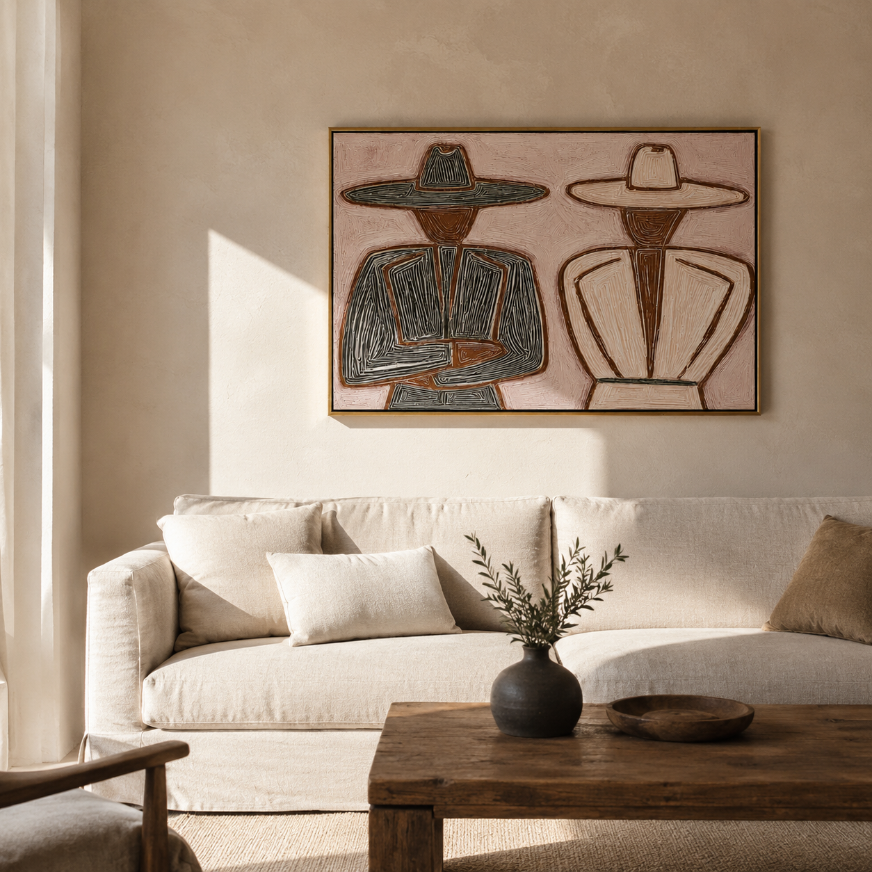 "Two Hats" - Textured Minimalist Figurative Painting | Black Brown & Blush Horizontal Wall Art
