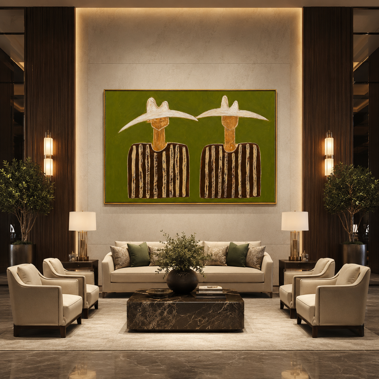 "Twin Quiet Riders" - Minimalist Western Figure Painting | Olive Green Contemporary Wall Art