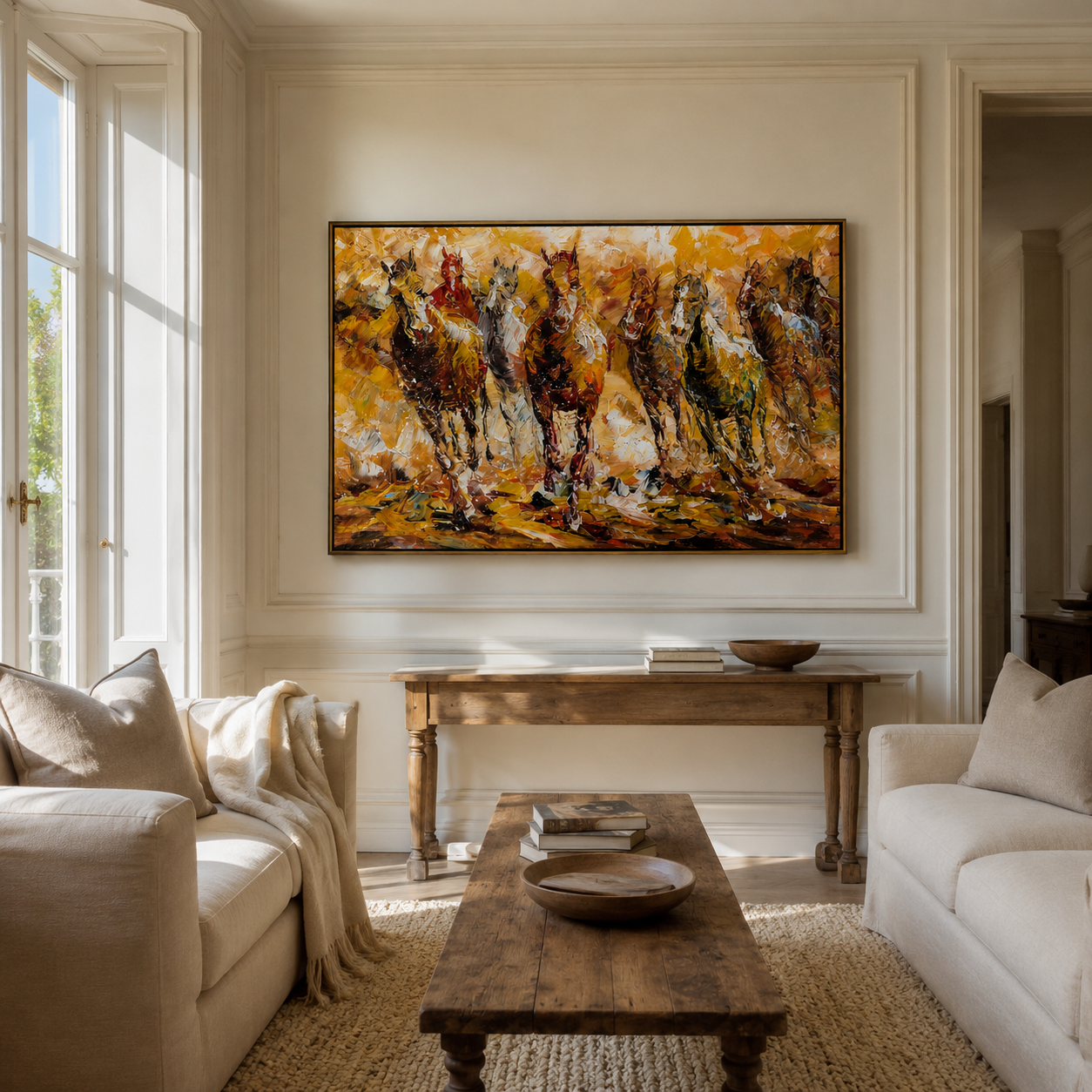 "Golden Gallop" - Colorful Impasto Horse Herd Painting | Brown Gold & White Equestrian Wall Art