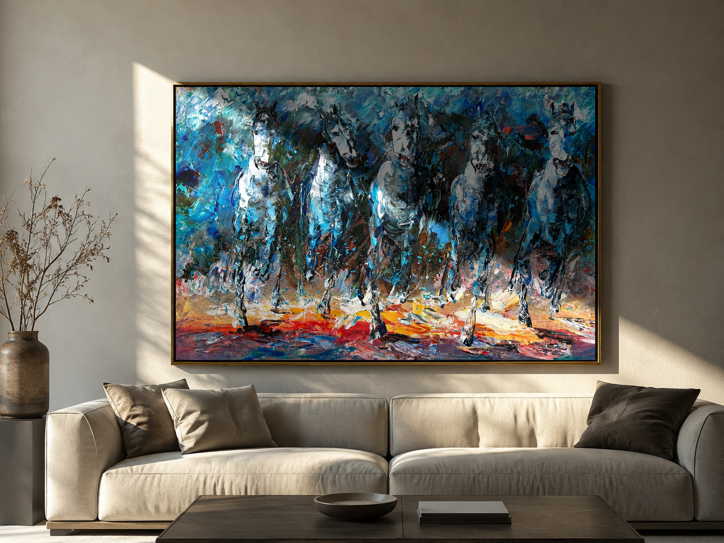 "Blue Procession" - Textured White Horse Herd Painting | Blue Black & Red Horizontal Equestrian Art