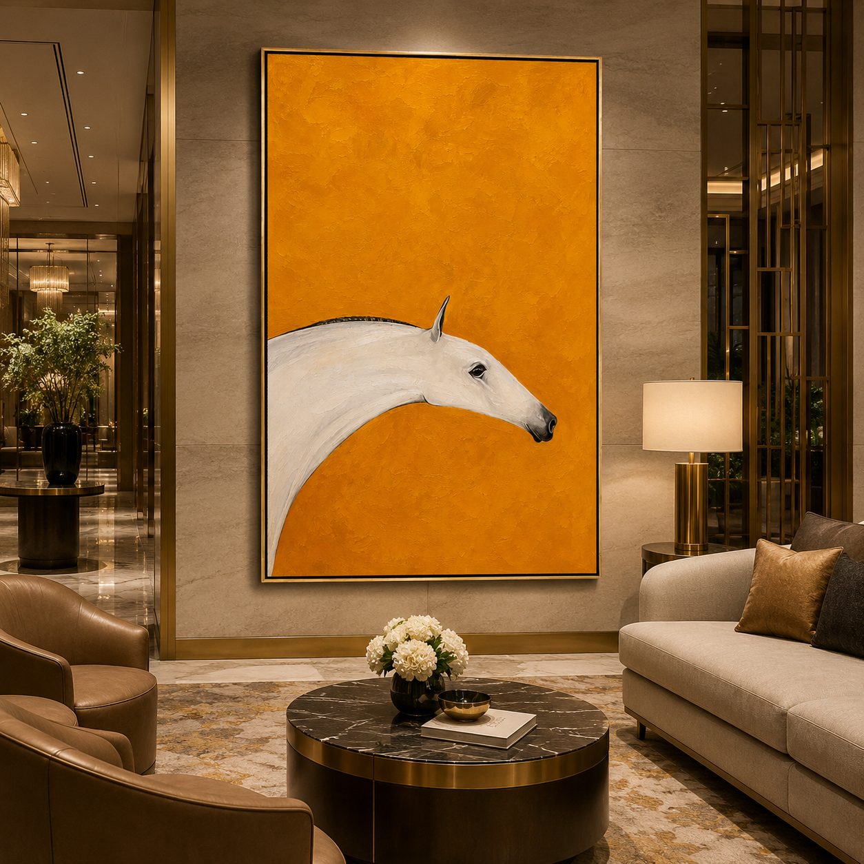 "Ochre Mare" - Minimalist White Horse Painting | Golden Yellow Vertical Animal Wall Art