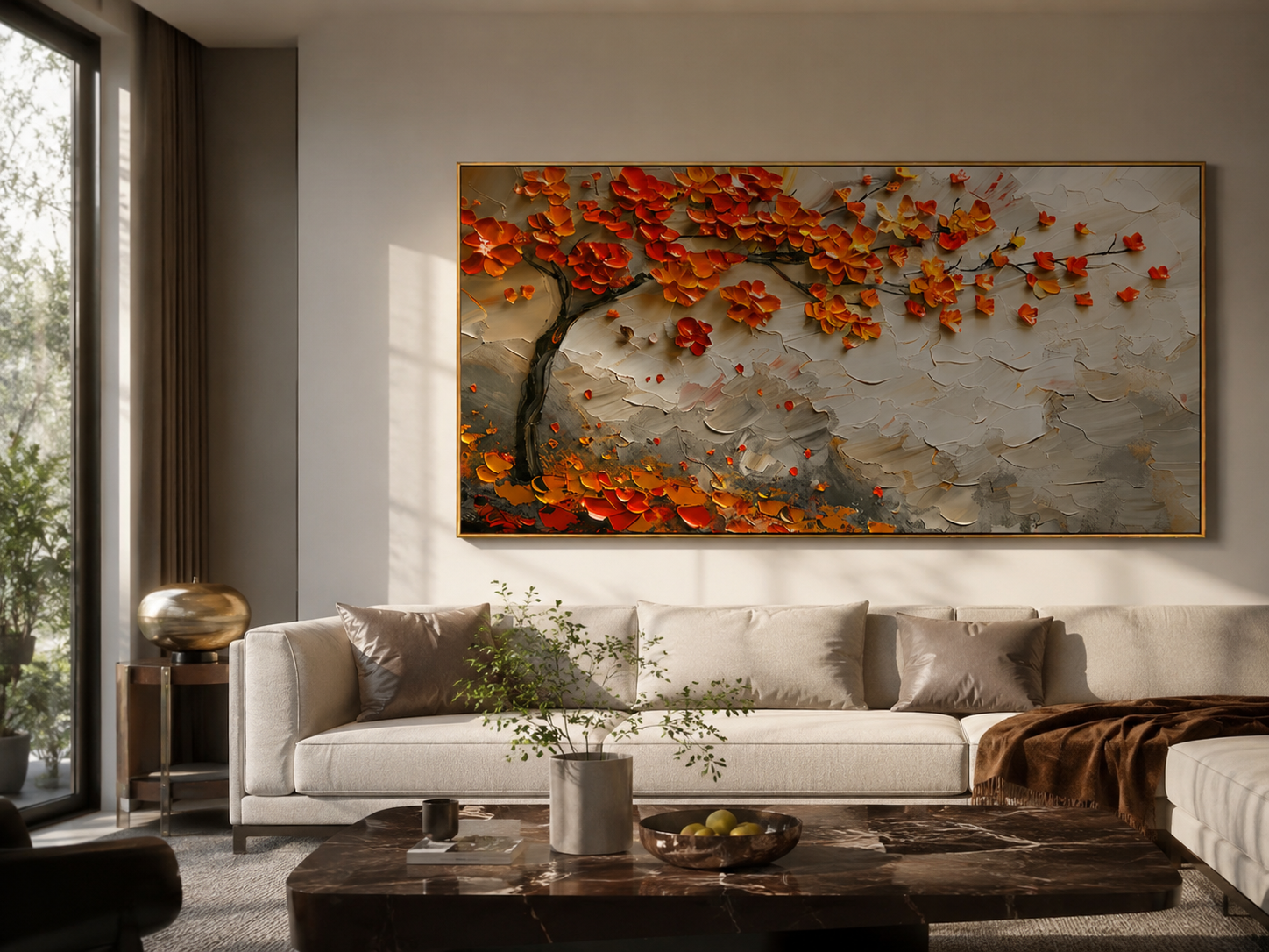 "Autumn Canopy" - Orange Blossom Tree Impasto Painting | White Grey & Gold Horizontal Wall Art