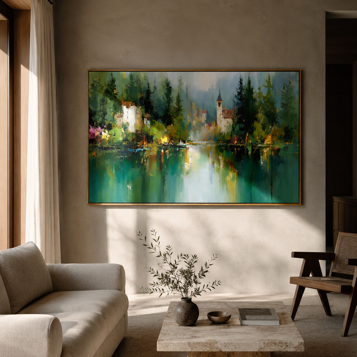 "Forest Reflection" - Green Lake Village Impasto Landscape | Blue & Emerald Horizontal Wall Art