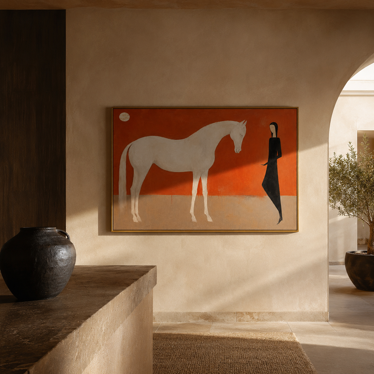 "Moonlit Keeper" - White Horse & Figure Painting | Terracotta Minimalist Figurative Wall Art