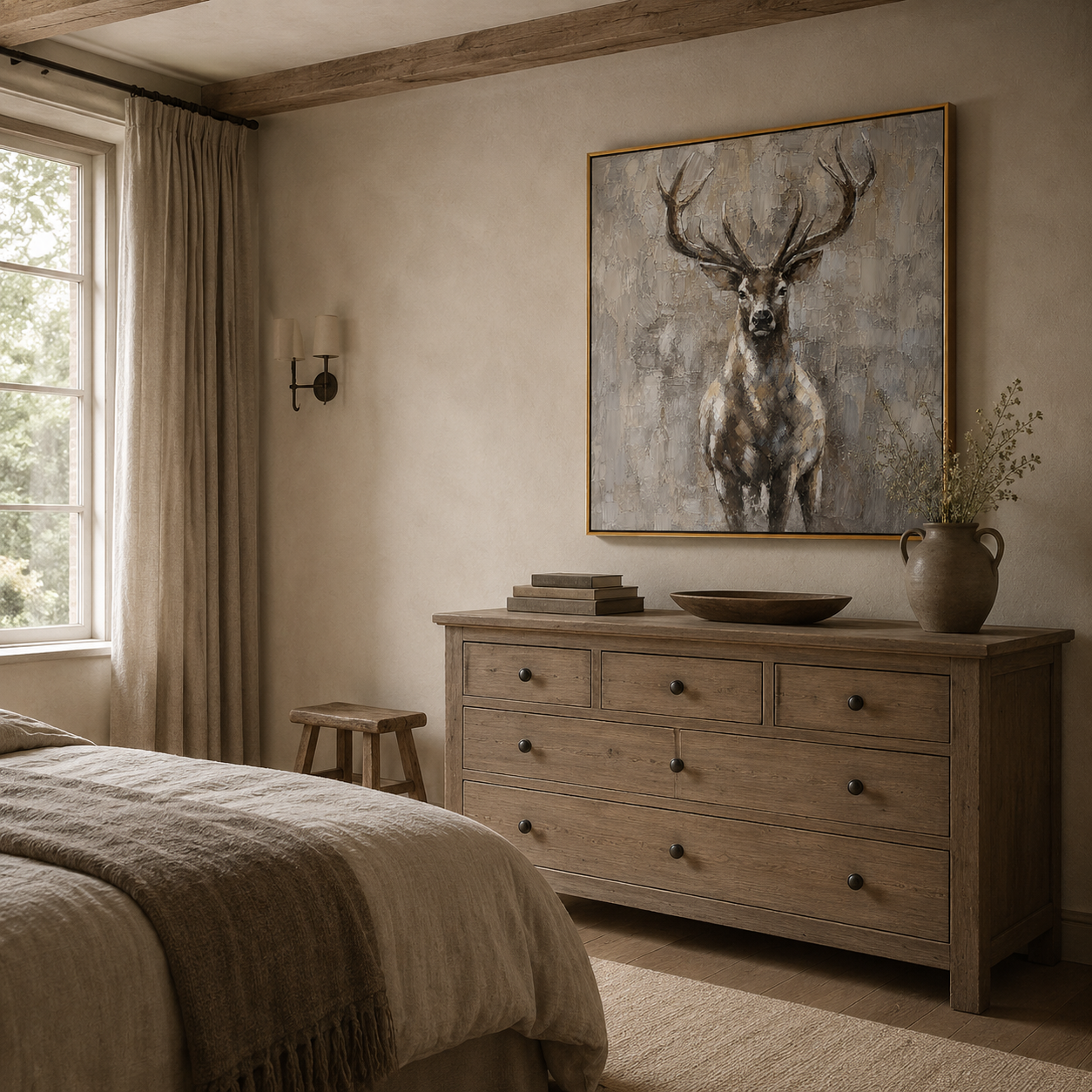 "Quiet Stag" - Textured Deer Portrait Painting | Beige Brown & Grey Vertical Animal Wall Art