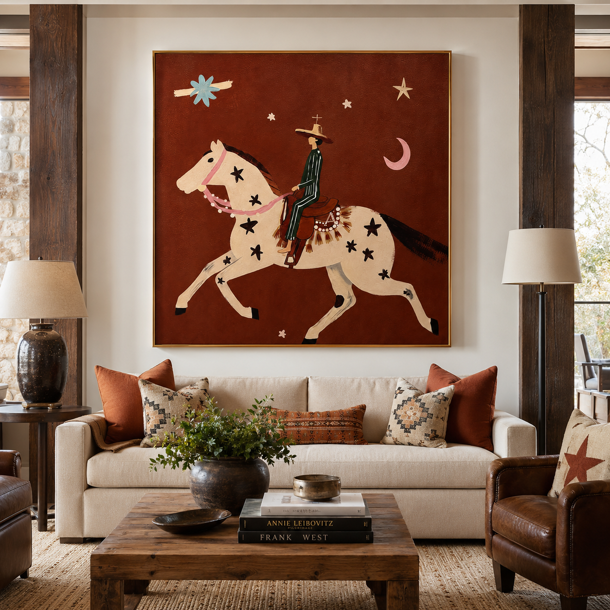 "Moonlit Rider" - Whimsical Horse & Cowboy Painting | Rust Red Western Animal Wall Art