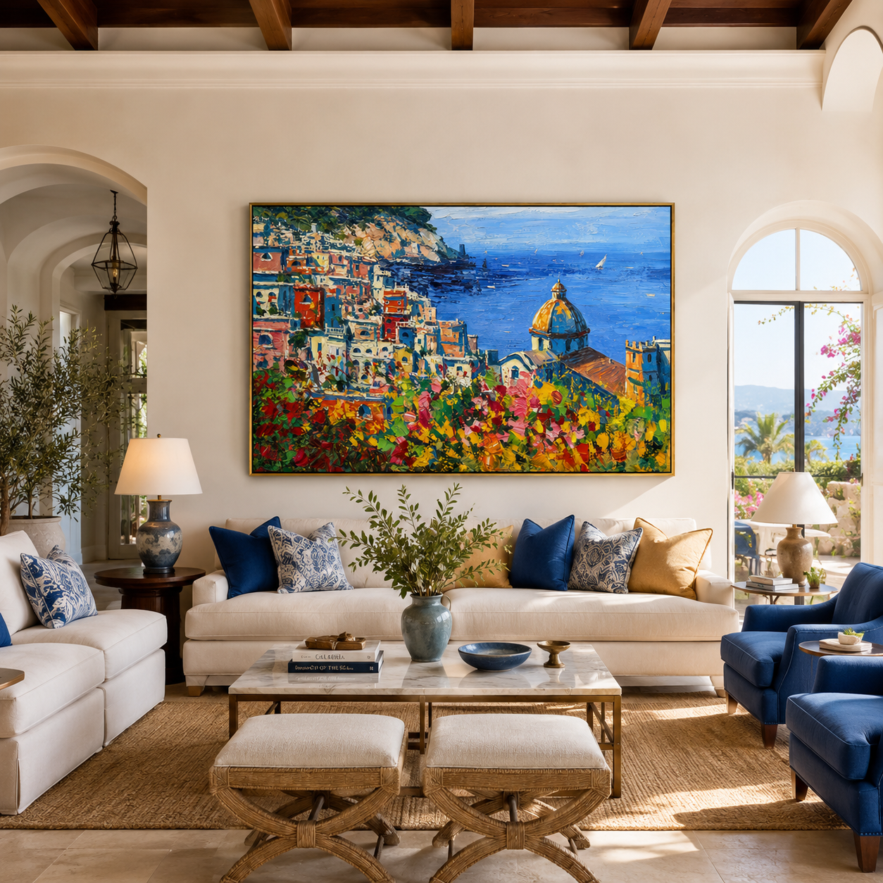 "Amalfi Bloom" - Colorful Mediterranean Coastal Landscape | Blue Sea & Floral Village Wall Art