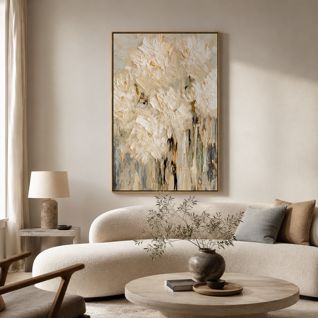 "Ivory Bloomfall" - White Impasto Floral Painting | Beige Textured Vertical Flower Wall Art