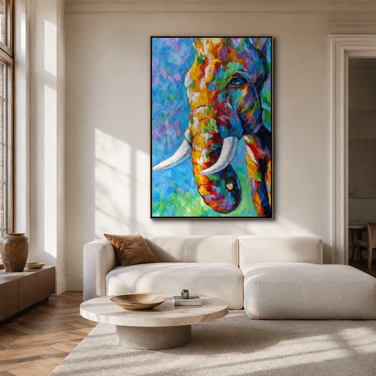 "Colorfield Hound" - Colorful Impasto Dog Portrait | Blue Green & Orange Vertical Animal Wall Art