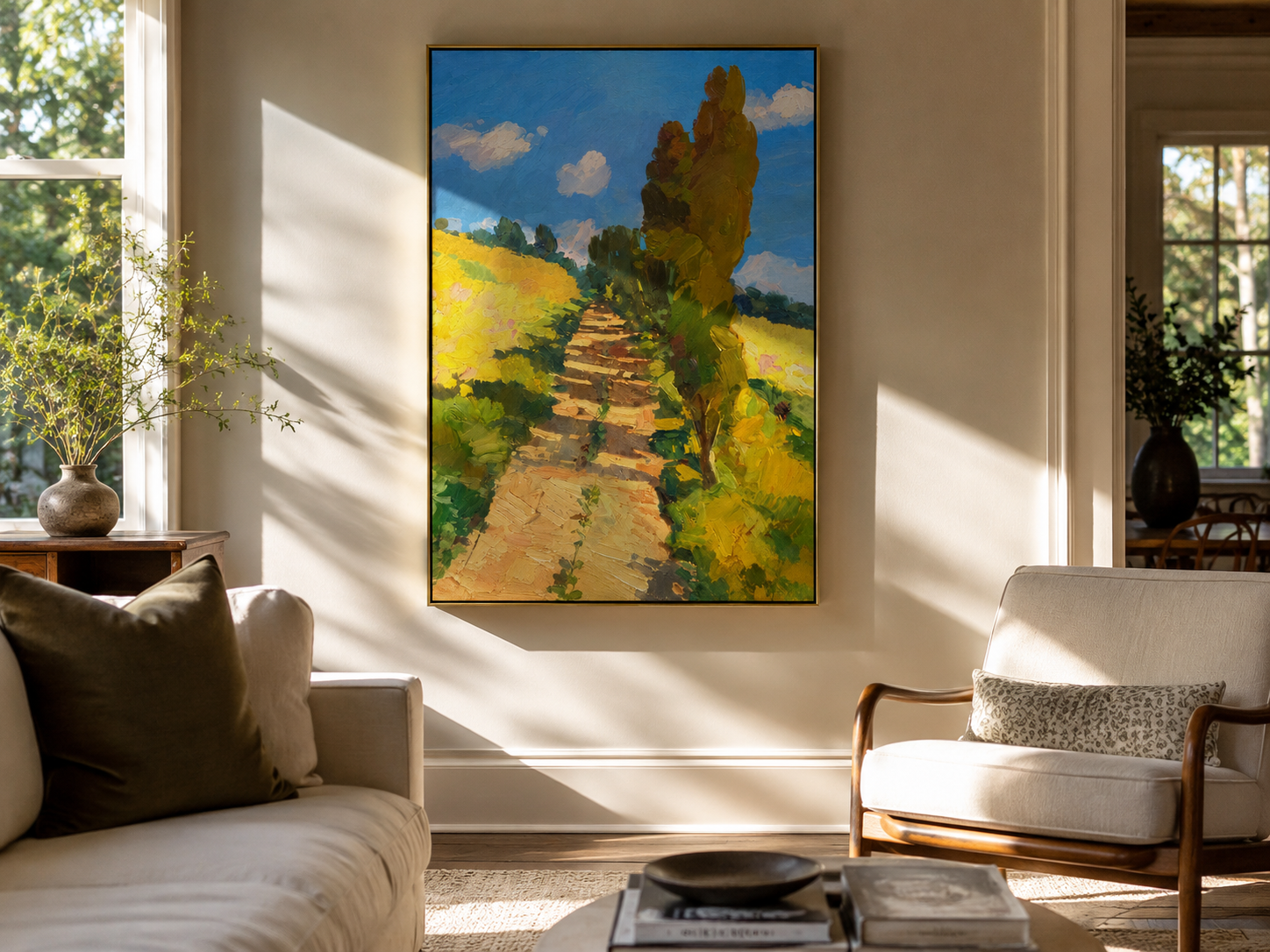 "Sunlit Path" - Yellow Field & Cypress Impasto Landscape | Blue Green Vertical Wall Art