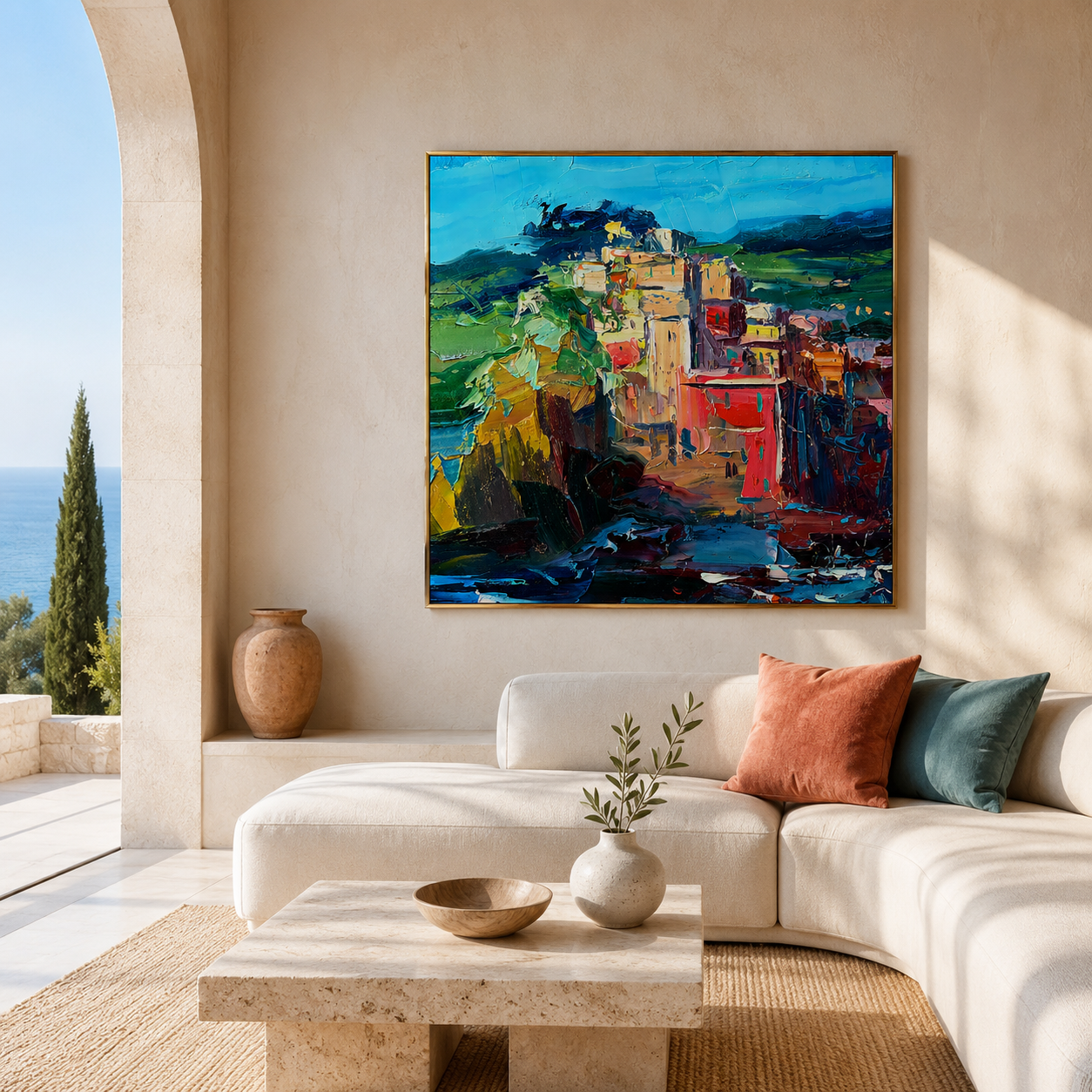 "Coastal Blocks" - Colorful Impasto Village Landscape | Blue Green & Coral Square Wall Art