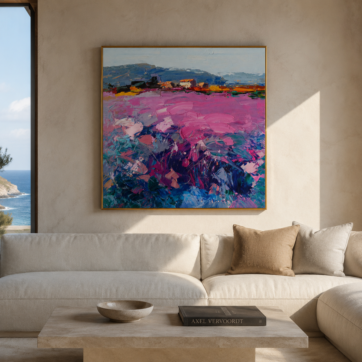 "Pink Terrain" - Colorful Impasto Landscape Painting | Blue Pink & Green Square Wall Art