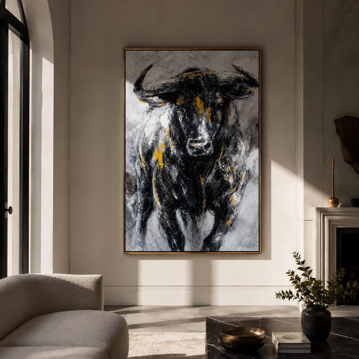 "Iron Buffalo" - Black White & Gold Textured Buffalo Portrait | Vertical Animal Wall Art