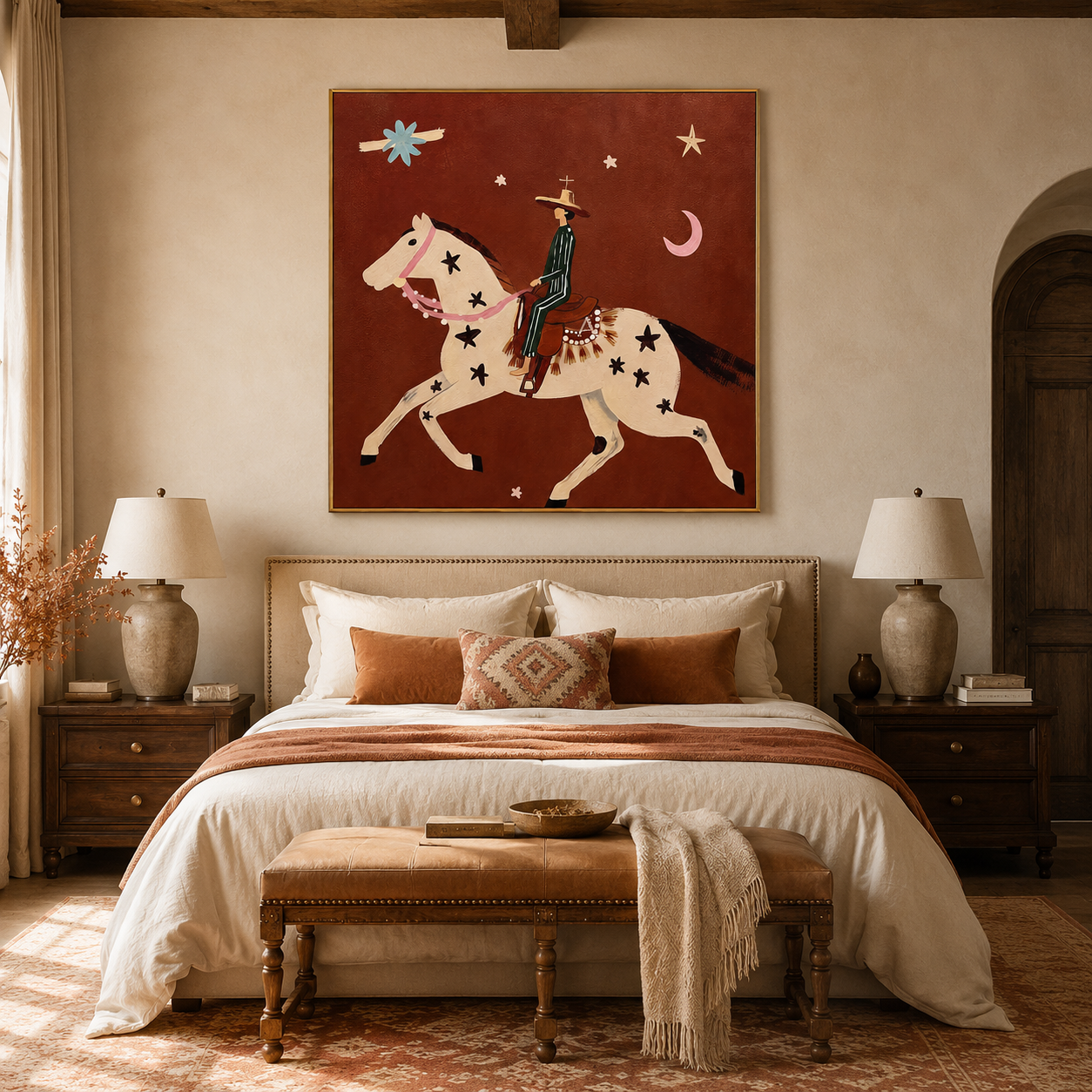 "Moonlit Rider" - Whimsical Horse & Cowboy Painting | Rust Red Western Animal Wall Art
