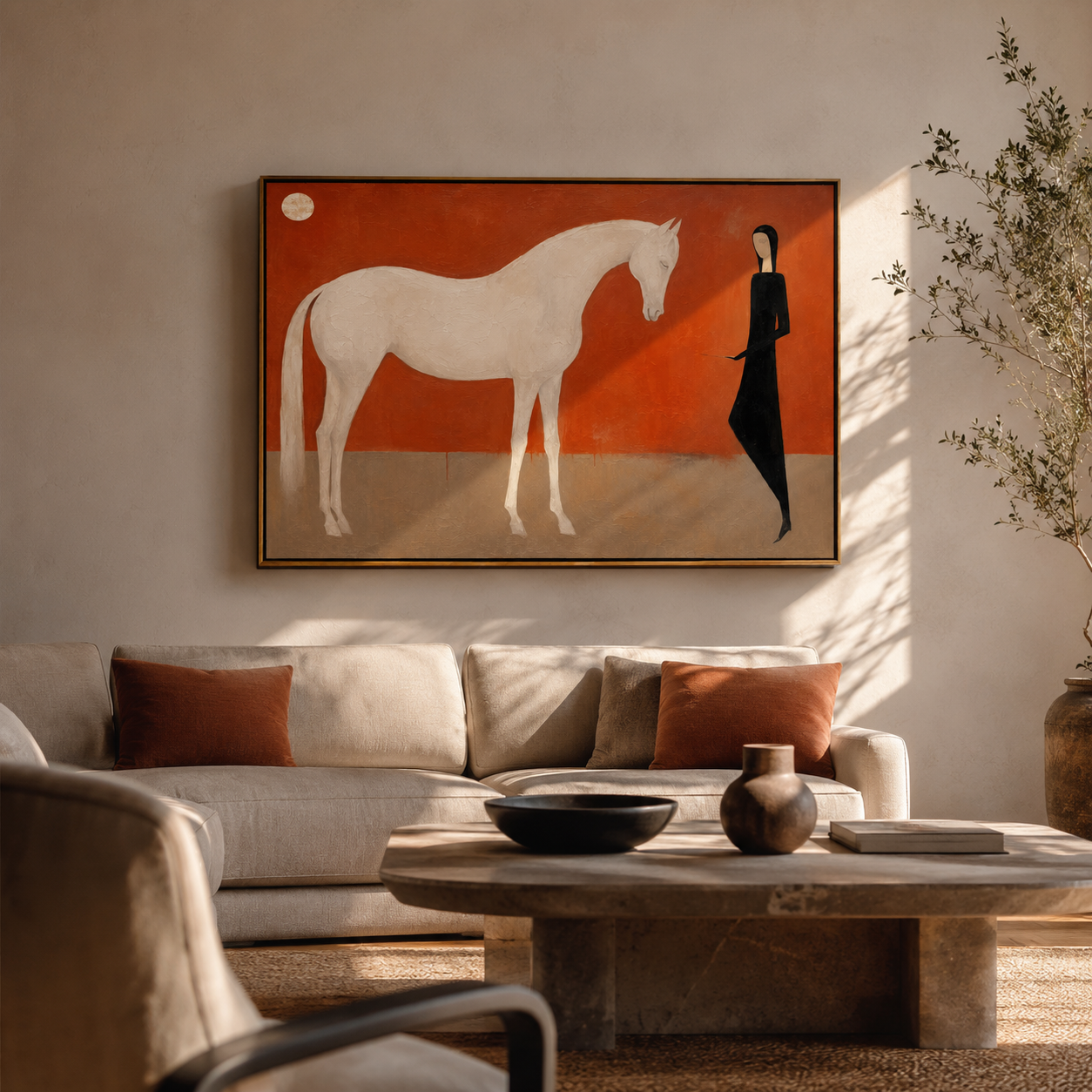 "Moonlit Keeper" - White Horse & Figure Painting | Terracotta Minimalist Figurative Wall Art