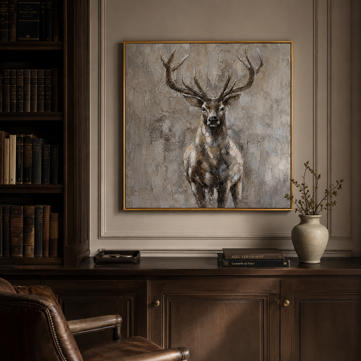 "Quiet Stag" - Textured Deer Portrait Painting | Beige Brown & Grey Vertical Animal Wall Art