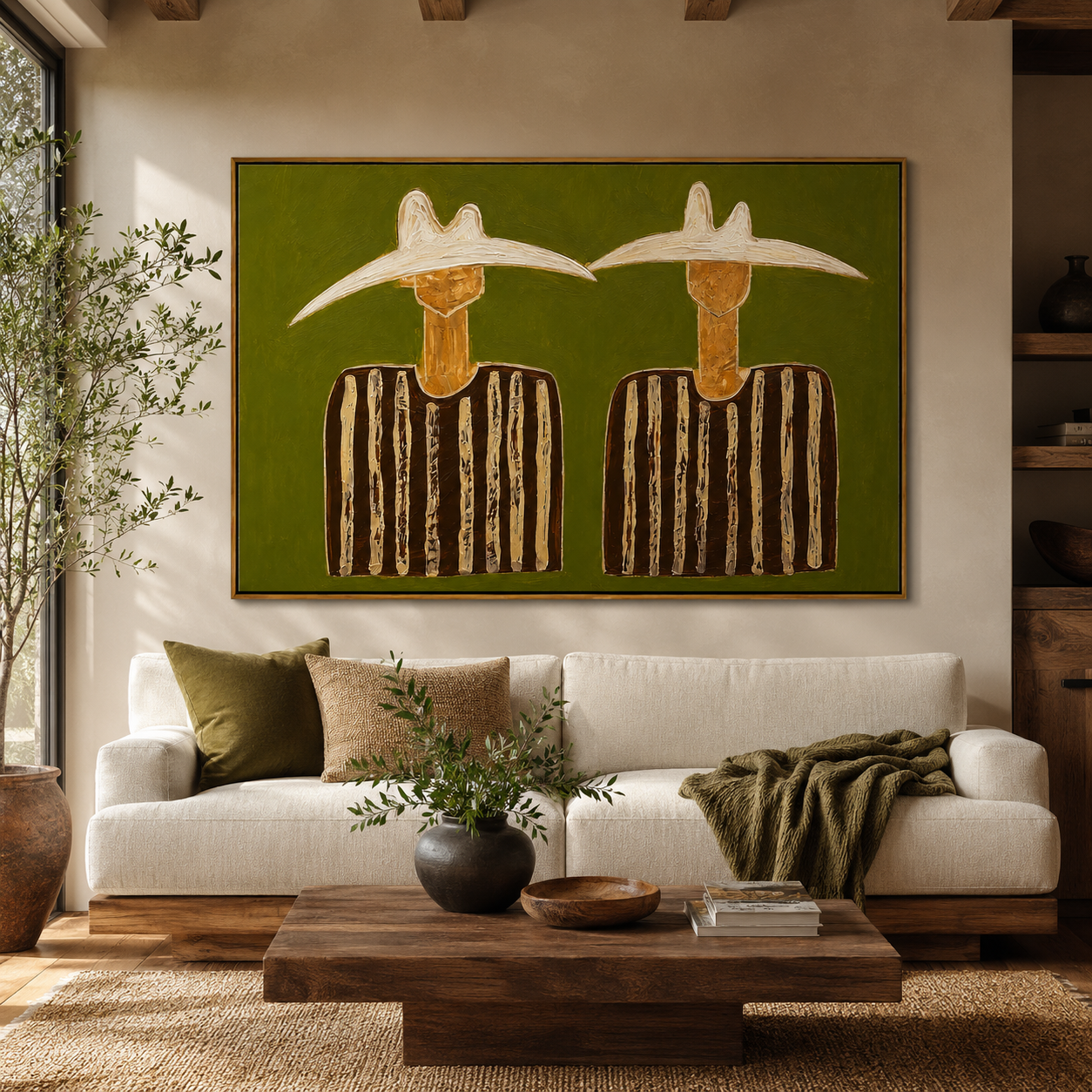 "Twin Quiet Riders" - Minimalist Western Figure Painting | Olive Green Contemporary Wall Art
