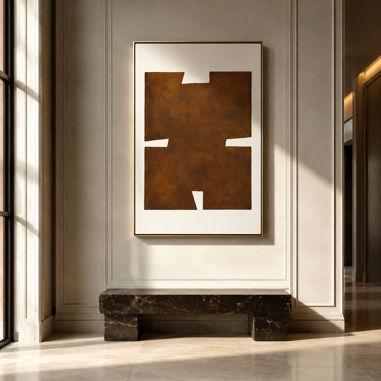 "Earthen Glyph" - Brown Minimalist Geometric Texture Art | Vertical Wabi-Sabi Wall Art