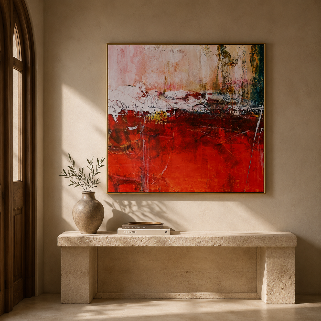 "Ember Divide" - Red White & Gold Textured Abstract Painting | Contemporary Square Statement Art
