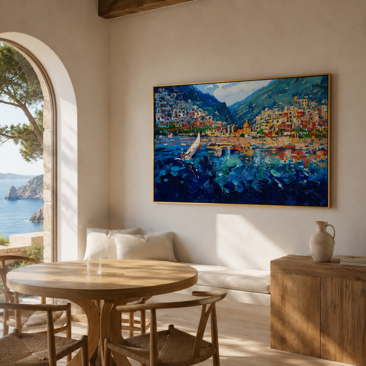 "Harbor Mosaic" - Colorful Impasto Coastal Village Painting | Blue Green & Orange Mediterranean Wall Art