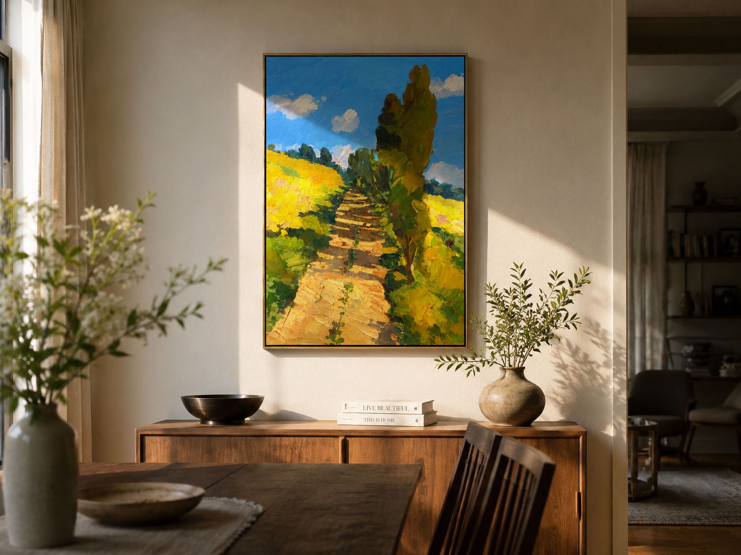 "Sunlit Path" - Yellow Field & Cypress Impasto Landscape | Blue Green Vertical Wall Art