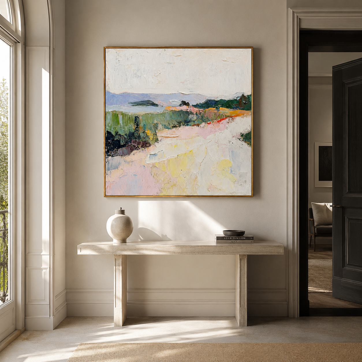 "Pastel Ridge" - Colorful Impasto Mountain Landscape | Green Pink & Yellow Textured Wall Art