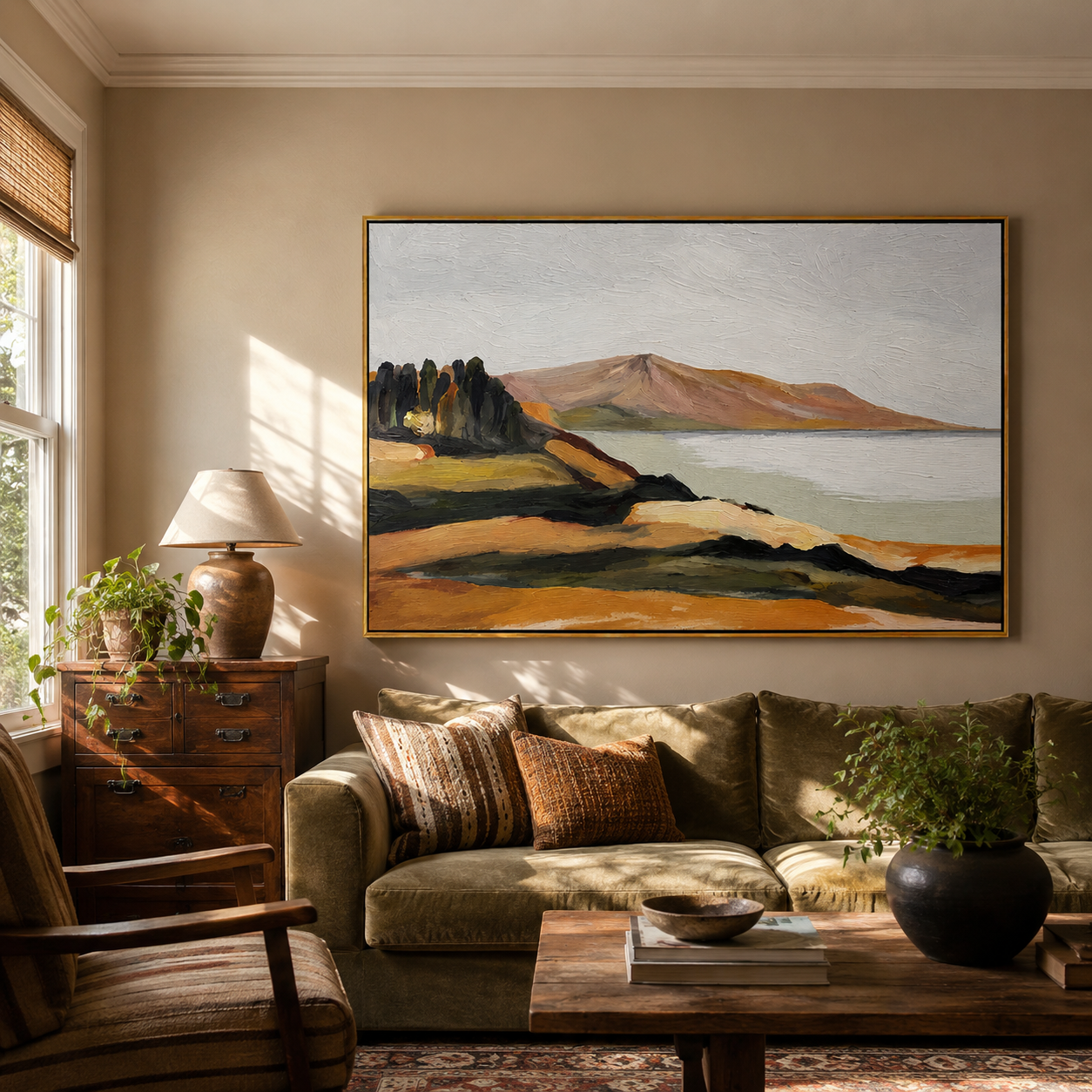 "Quiet Shoreline" - Minimalist Coastal Landscape Painting | Beige Blue & Brown Wall Art