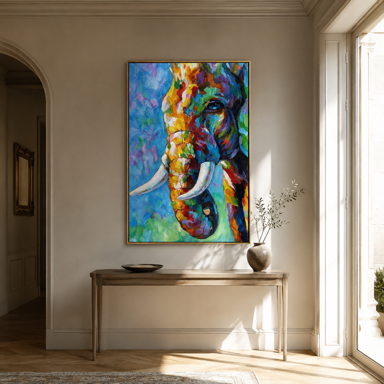 "Colorfield Hound" - Colorful Impasto Dog Portrait | Blue Green & Orange Vertical Animal Wall Art