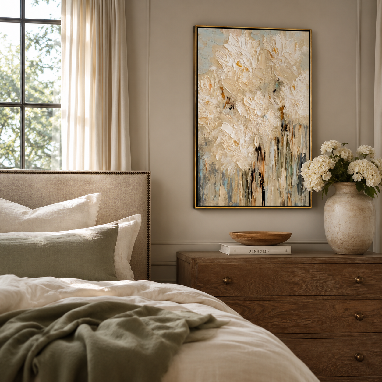 "Ivory Bloomfall" - White Impasto Floral Painting | Beige Textured Vertical Flower Wall Art