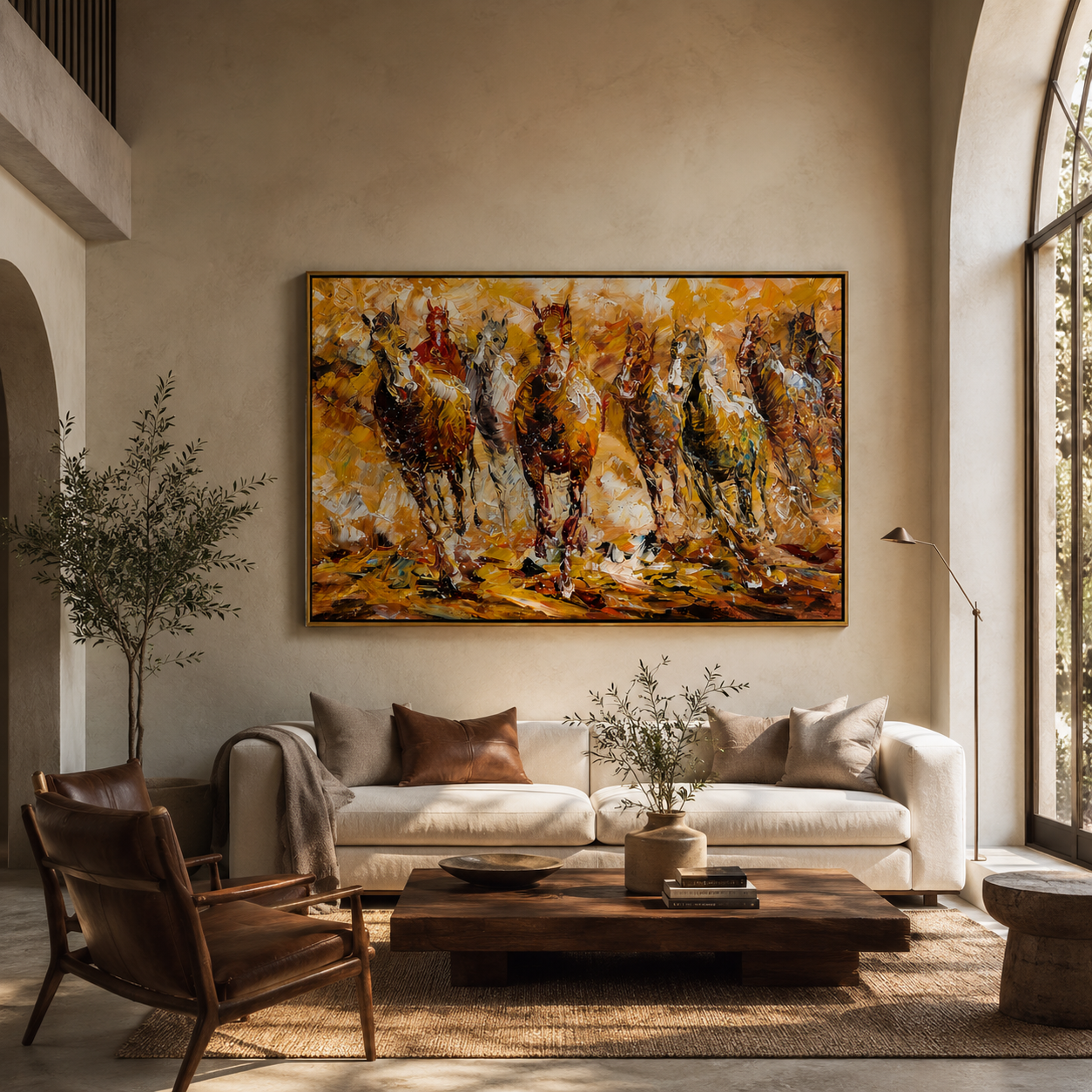 "Golden Gallop" - Colorful Impasto Horse Herd Painting | Brown Gold & White Equestrian Wall Art
