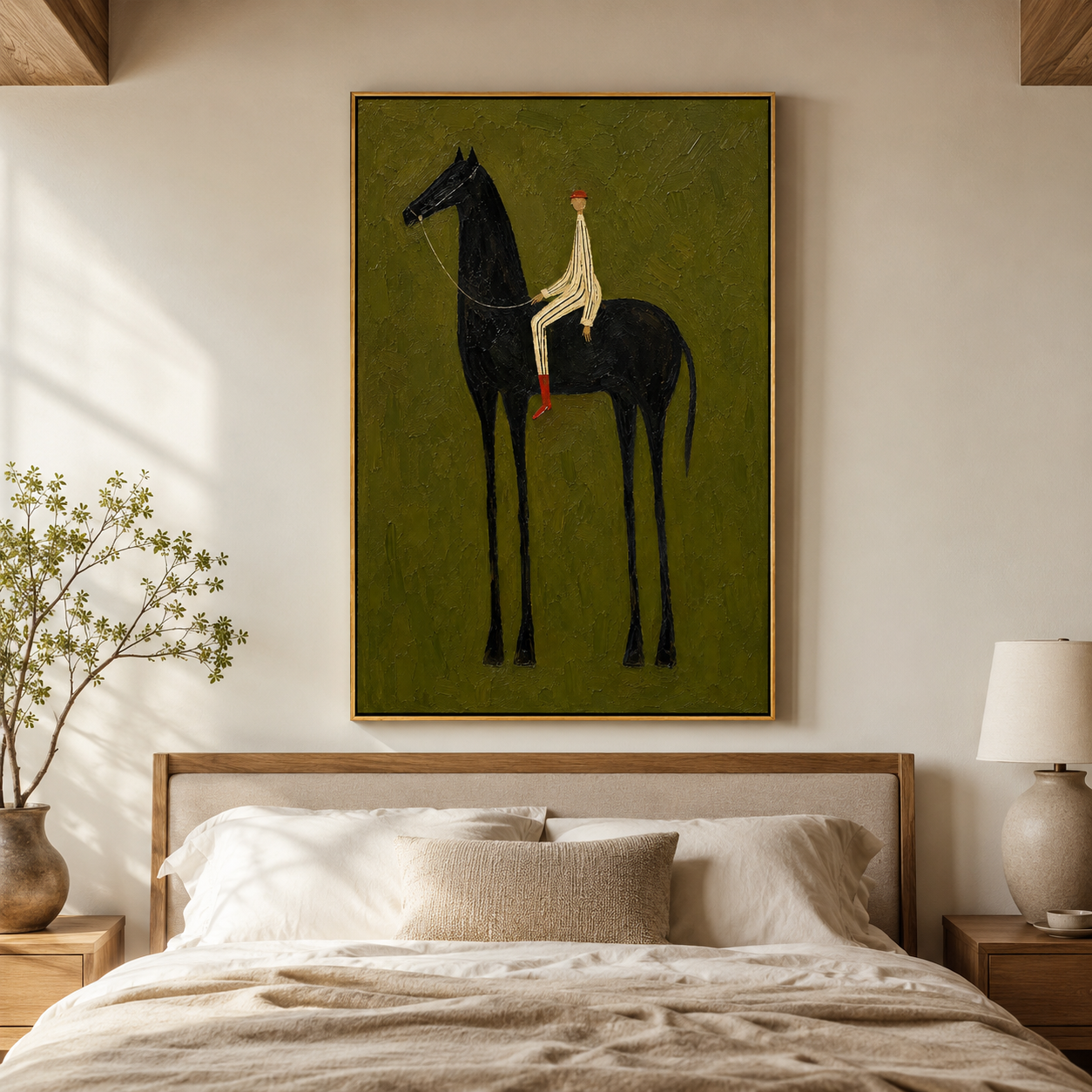 "Black Horse Reverie" - Minimalist Rider & Horse Painting | Olive Green Vertical Animal Wall Art