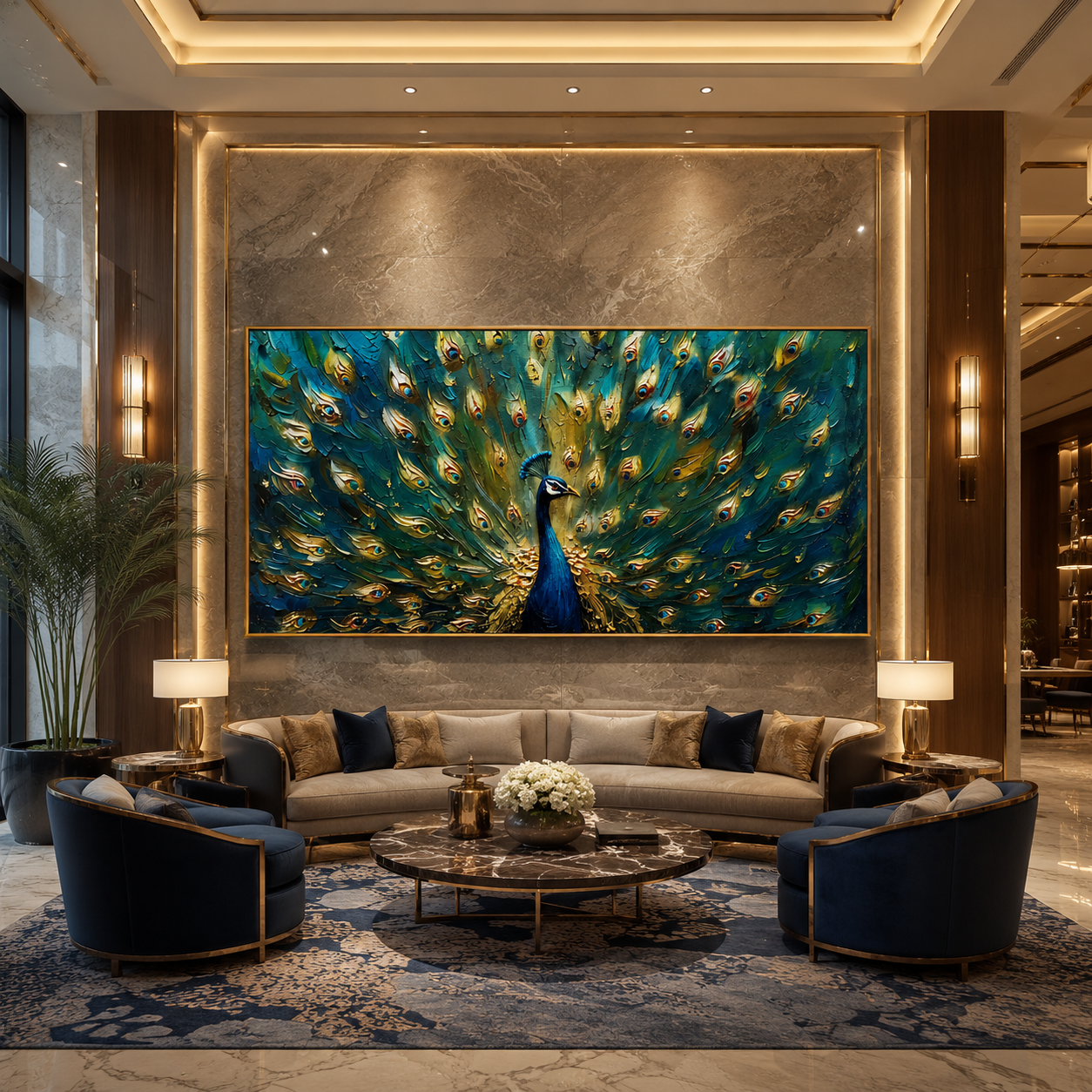 "Emerald Peacock" - Textured Peacock Painting | Green Blue & Gold Animal Wall Art