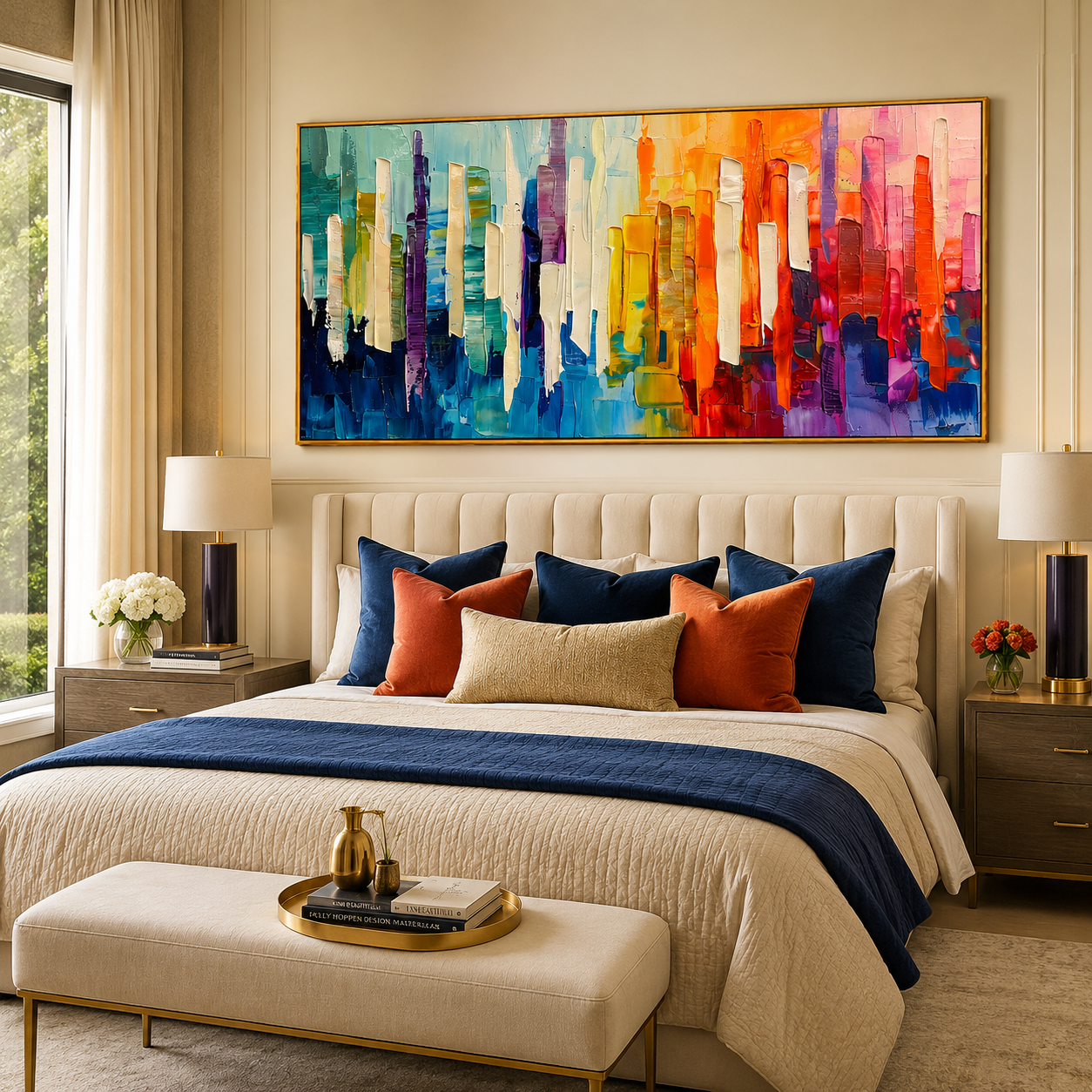 "Chromatic Skyline" - Colorful Abstract Cityscape Painting | Rainbow Vertical Forms Wall Art