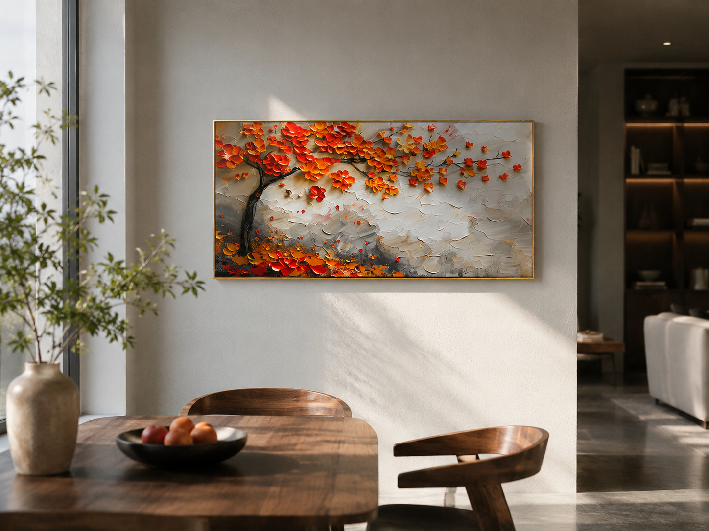 "Autumn Canopy" - Orange Blossom Tree Impasto Painting | White Grey & Gold Horizontal Wall Art