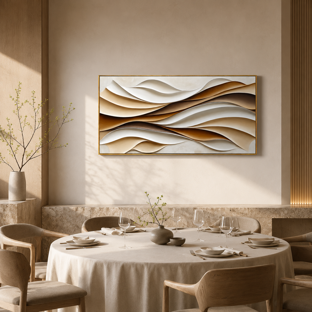 "Folded Dunes" - 3D White Beige & Brown Wave Relief | Horizontal Wabi-Sabi Textured Wall Art
