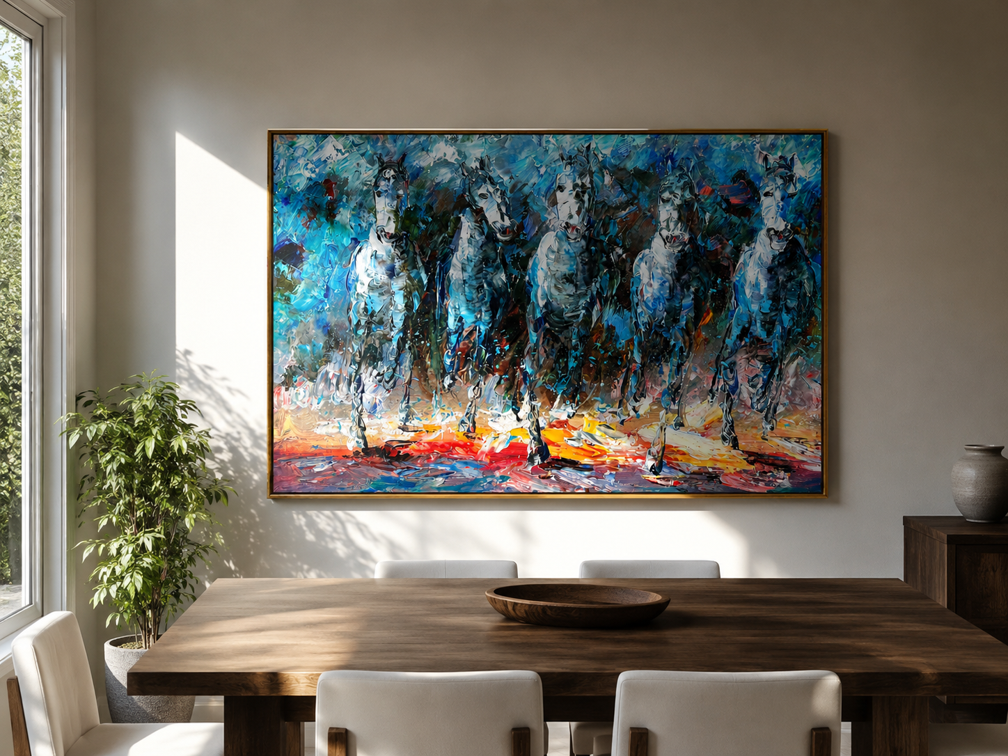"Blue Procession" - Textured White Horse Herd Painting | Blue Black & Red Horizontal Equestrian Art