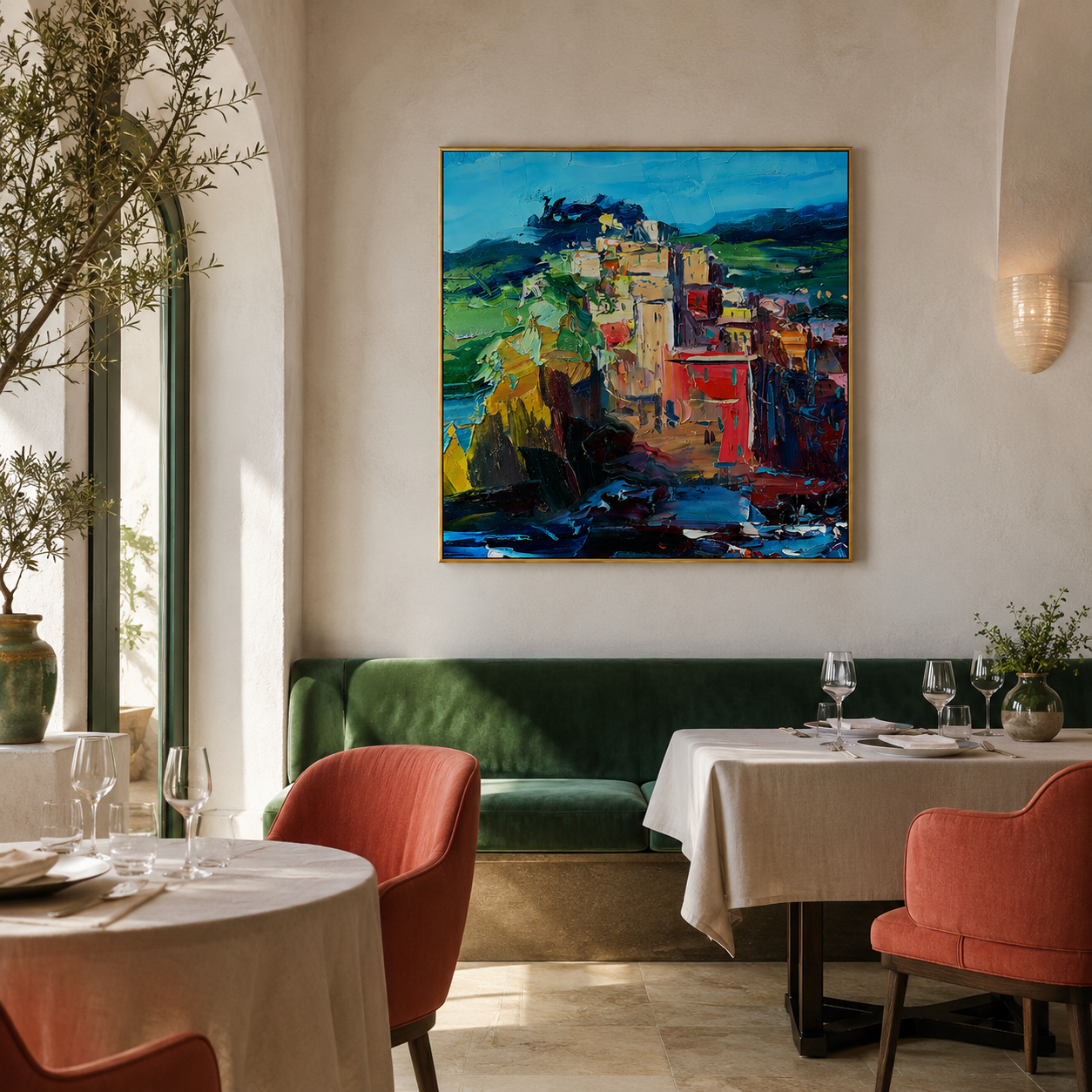 "Coastal Blocks" - Colorful Impasto Village Landscape | Blue Green & Coral Square Wall Art
