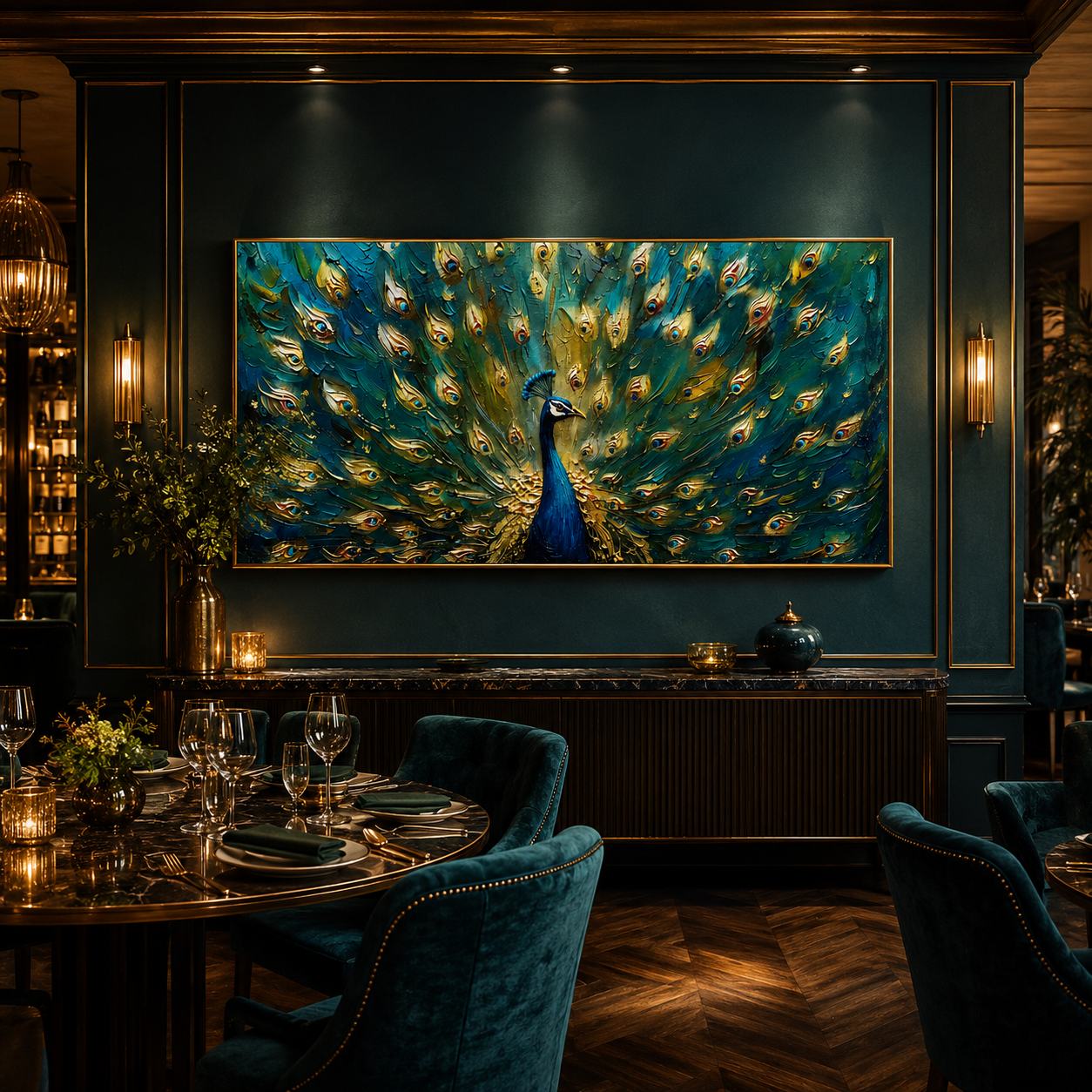 "Emerald Peacock" - Textured Peacock Painting | Green Blue & Gold Animal Wall Art