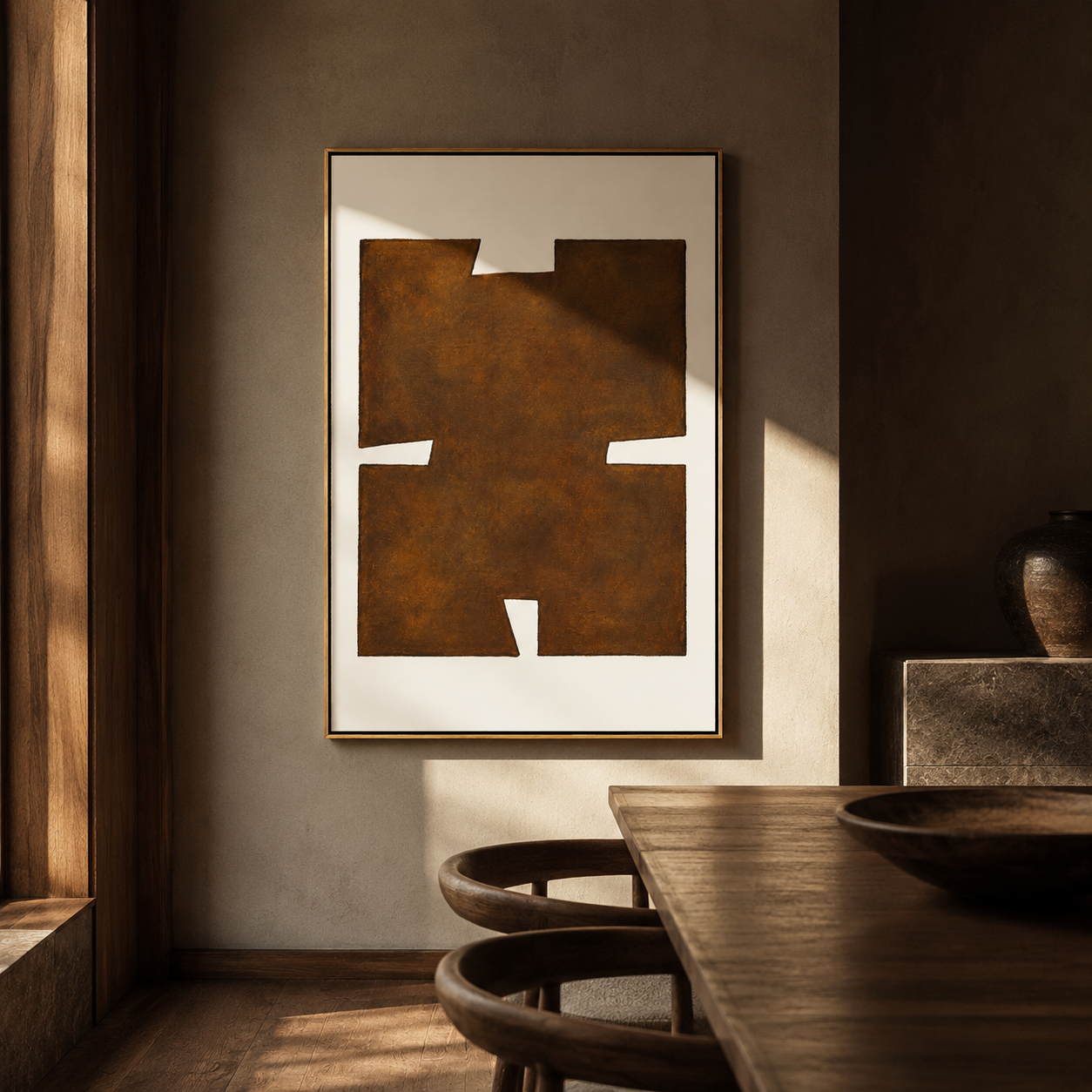 "Earthen Glyph" - Brown Minimalist Geometric Texture Art | Vertical Wabi-Sabi Wall Art
