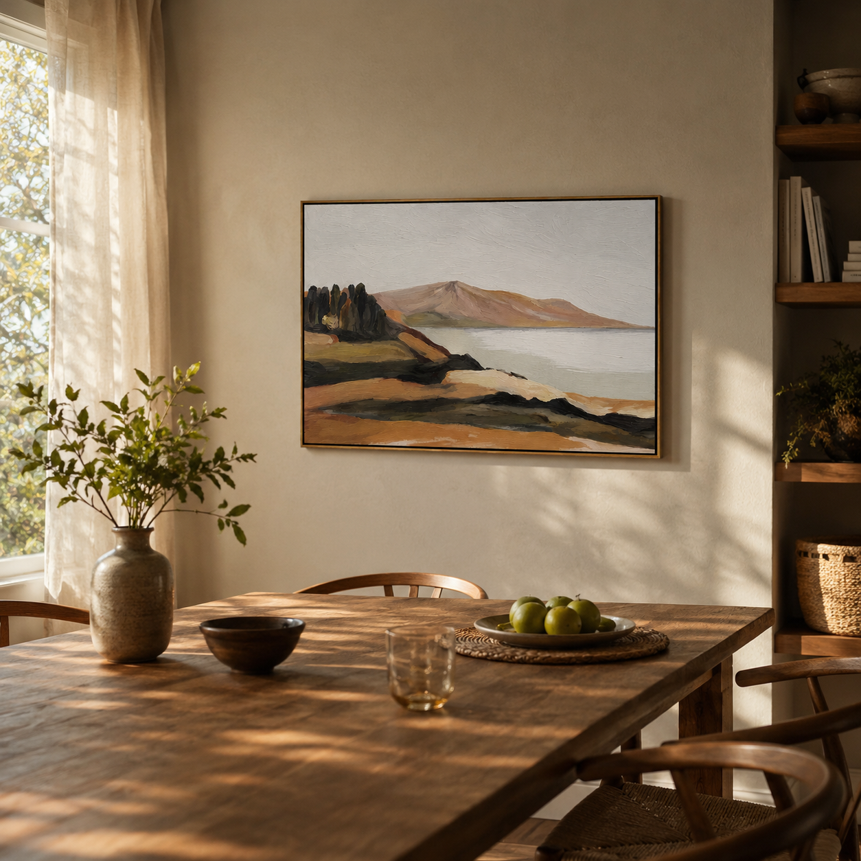 "Quiet Shoreline" - Minimalist Coastal Landscape Painting | Beige Blue & Brown Wall Art